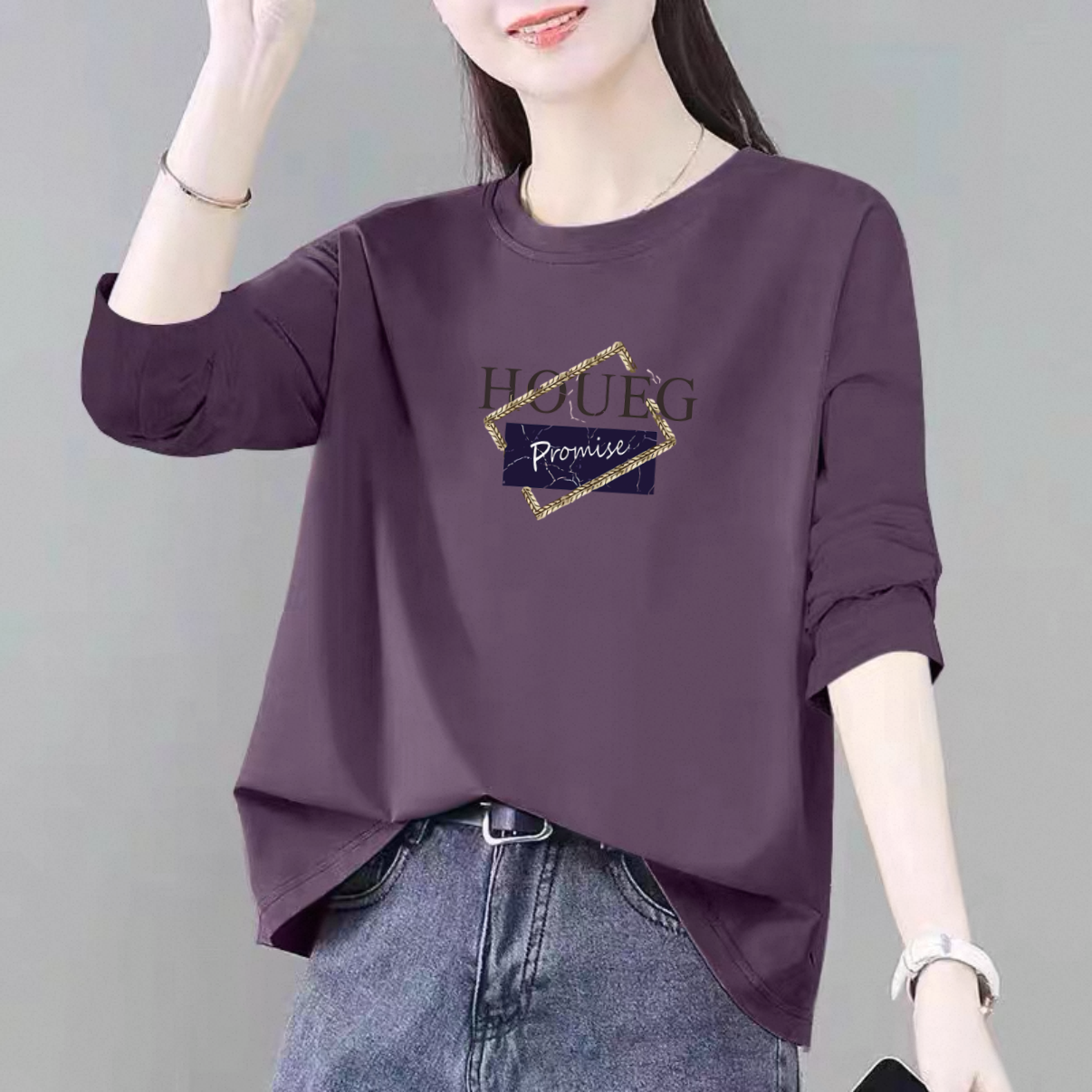 纯棉长袖t恤女秋季新款韩版宽松大码胖mm洋气减龄打底衫圆领上衣