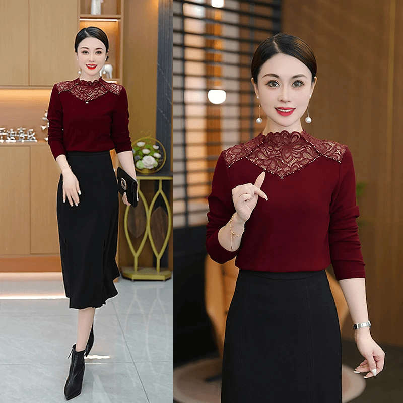 半高领蕾丝拼接长袖打底衫女秋冬时尚洋气小衫百搭修身显瘦上衣潮