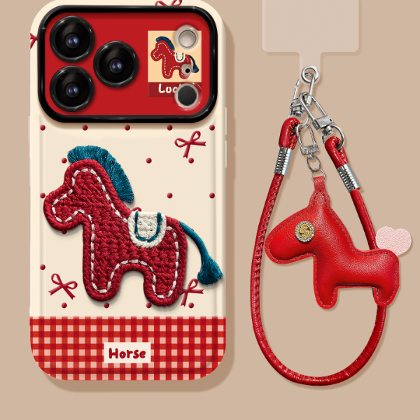 刺绣红马贴件适用苹果17华为VIVO/OPPO小米iPhone视窗镜子手机壳