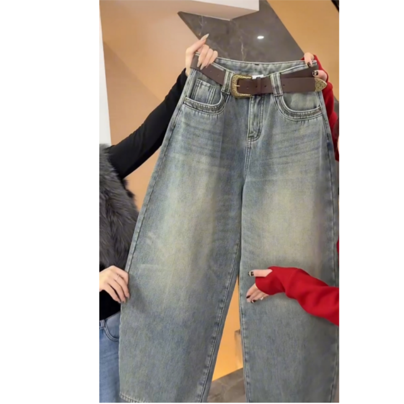 女冬季新款时尚高腰显瘦遮肉百搭洋气时尚阔腿宽松弯刀水洗牛仔裤