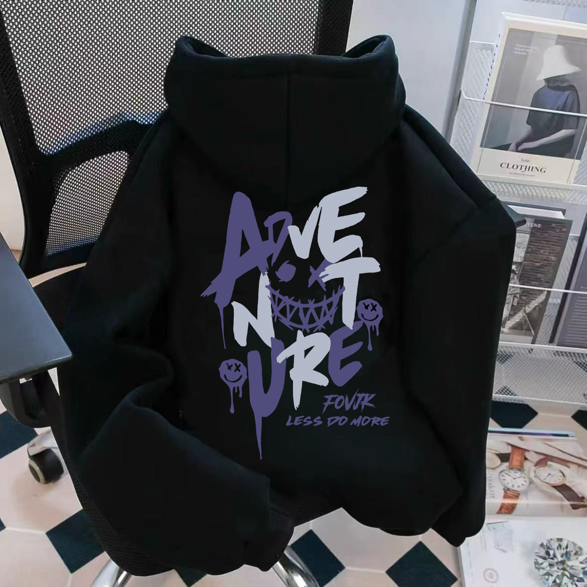 重磅美式hiphop涂鸦字母重工印花秋冬新款加绒加厚潮情侣连帽卫衣