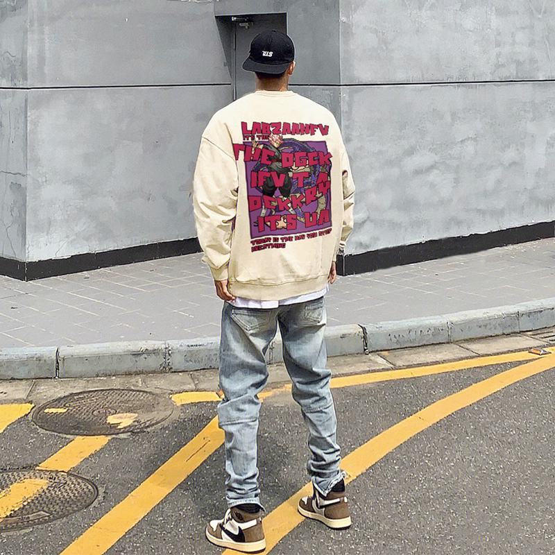 ins美式复古动漫印花圆领卫衣男hiphop潮流加绒高街宽松情侣上衣