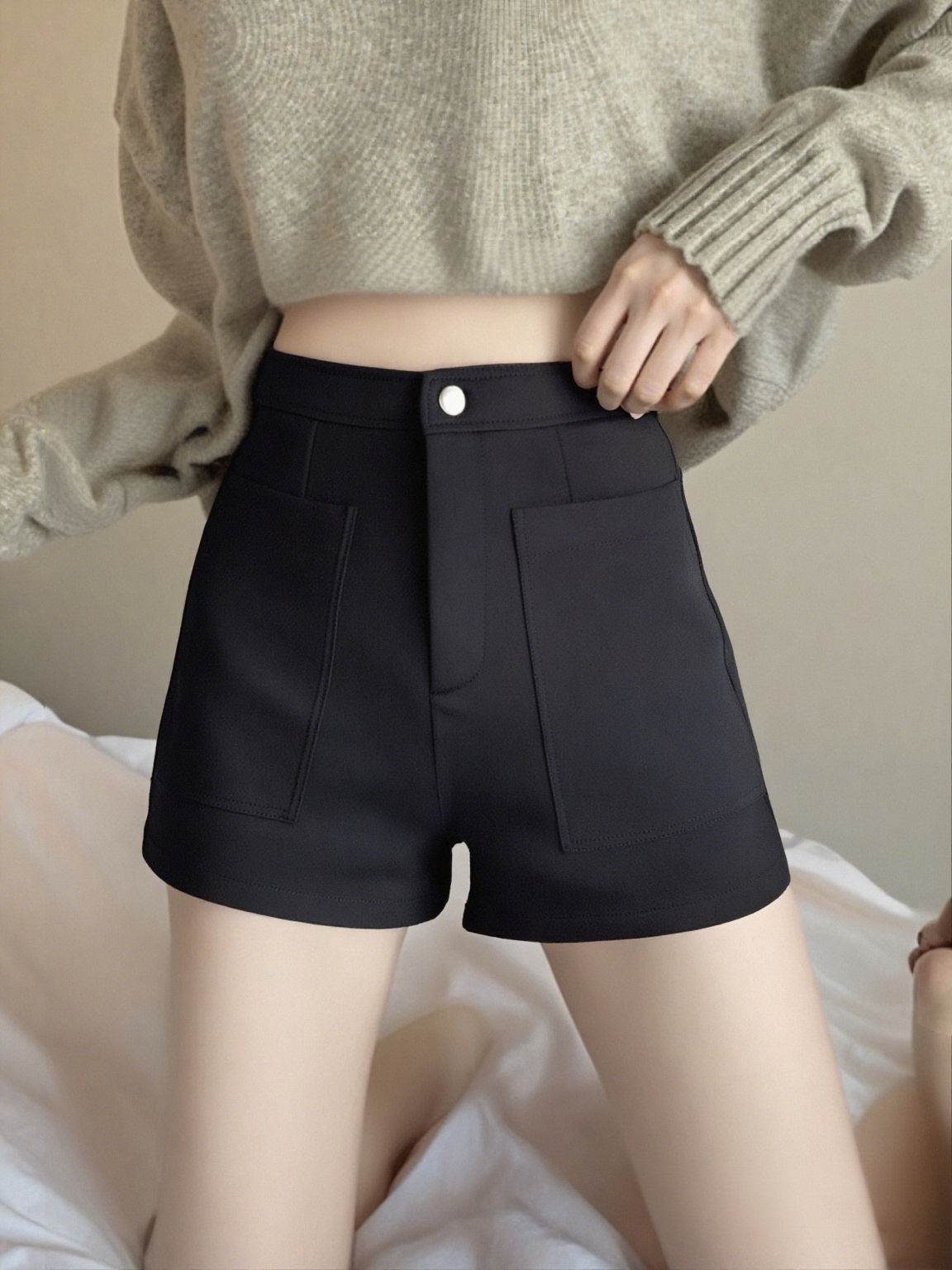 女士高腰黑色短裤A字版加厚热裤秋冬外穿大码胖m显瘦韩版阔腿靴裤