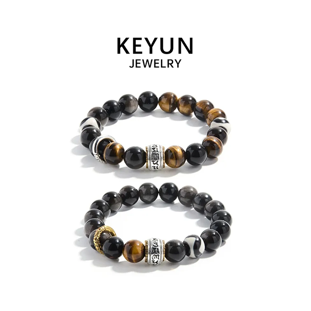 足银手链 石来运转黑曜虎眼单圈手串男士时尚情侣款手链男女一对