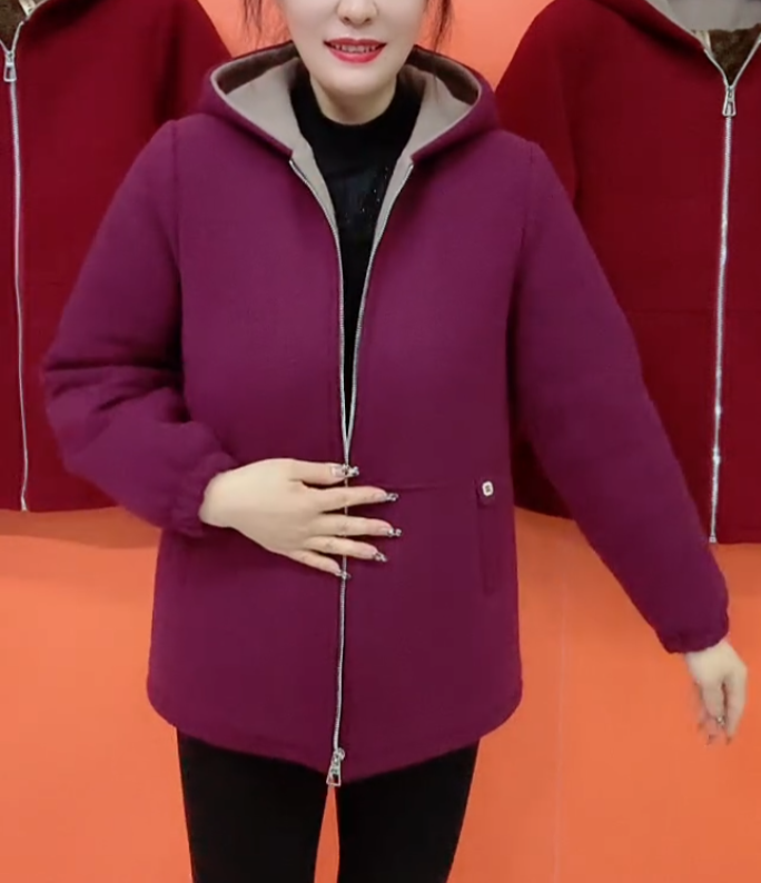 秋冬连帽拉链加绒休闲洋气外套