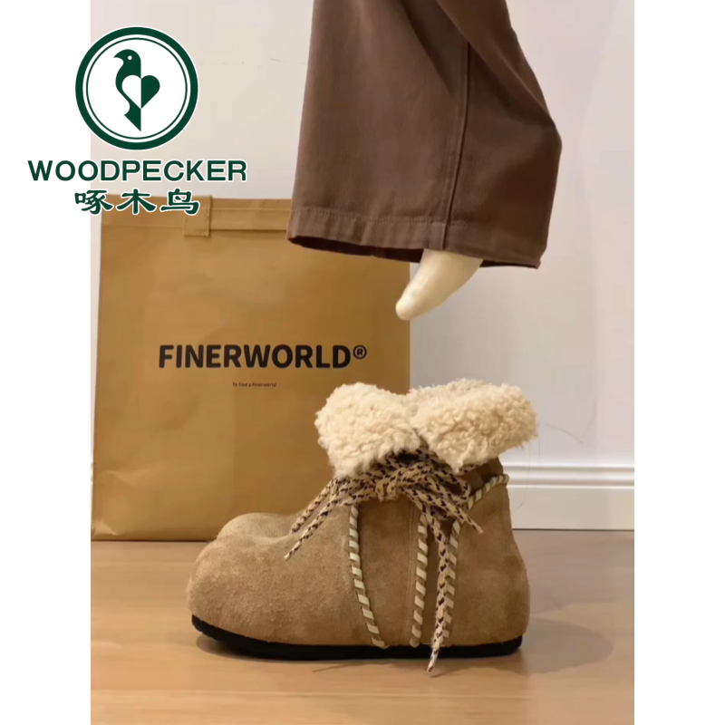 啄木鸟5cm增高雪地靴女2025冬季新款加绒加厚保暖棉鞋勃肯短靴女