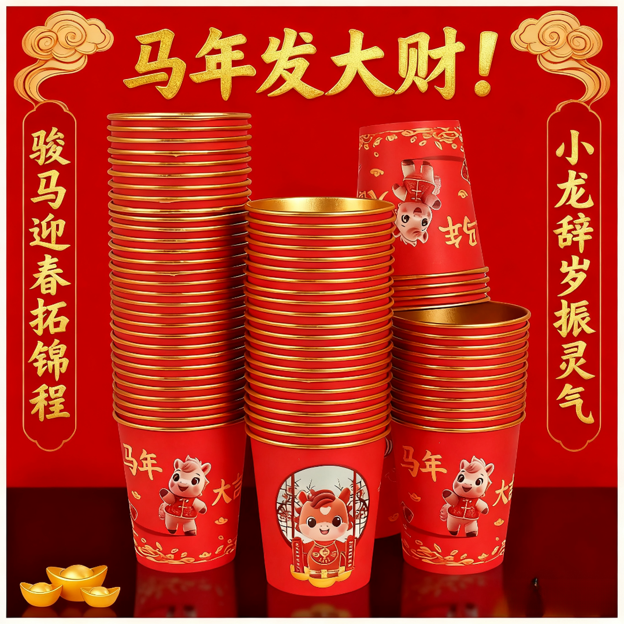 新年纸杯一次性杯子加厚高档金箔婚宴家用红色婚庆水杯子整箱批发