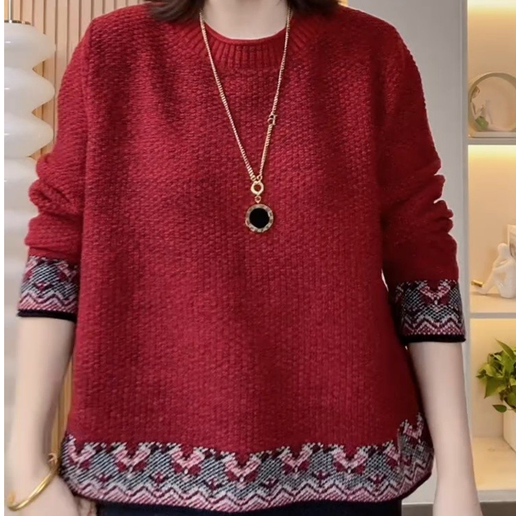 纯色百搭时尚针织圆领提花民族风毛针织衫女装宽松红色显瘦长袖