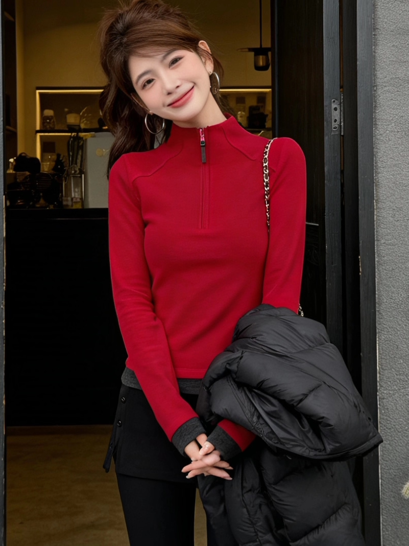 韩版半拉链立领撞色拼接长袖T恤女秋冬新款德绒休闲内搭打底衫