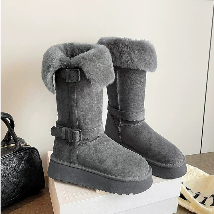 时髦扣带厚底增高毛毛翻边保暖棉鞋中长筒短靴灰色雪地靴女冬季
