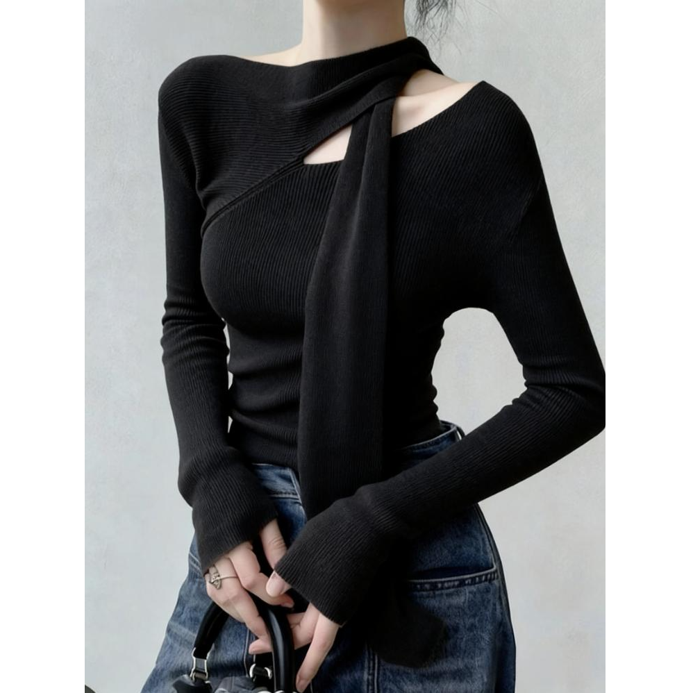秋季独特超好看单穿上衣法式小众设计感洋气减龄通勤风黑色针织衫