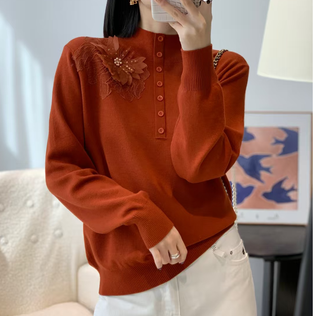 纯色肩花时尚长袖毛衫上衣半高领百搭