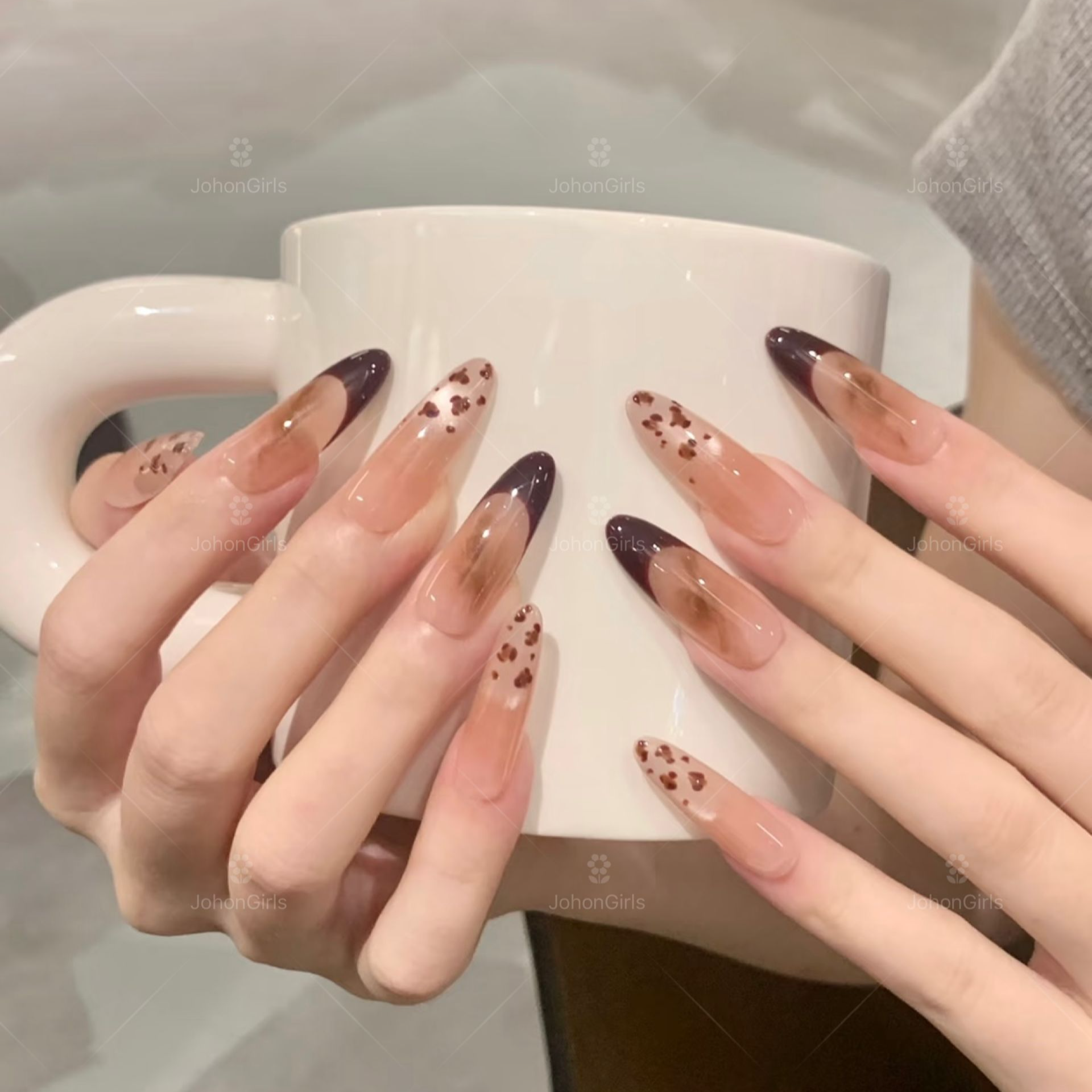 JohonGirls'/琴岛小嫚【焦糖豹纹】秋冬法式晕染猫眼美甲手工穿戴甲