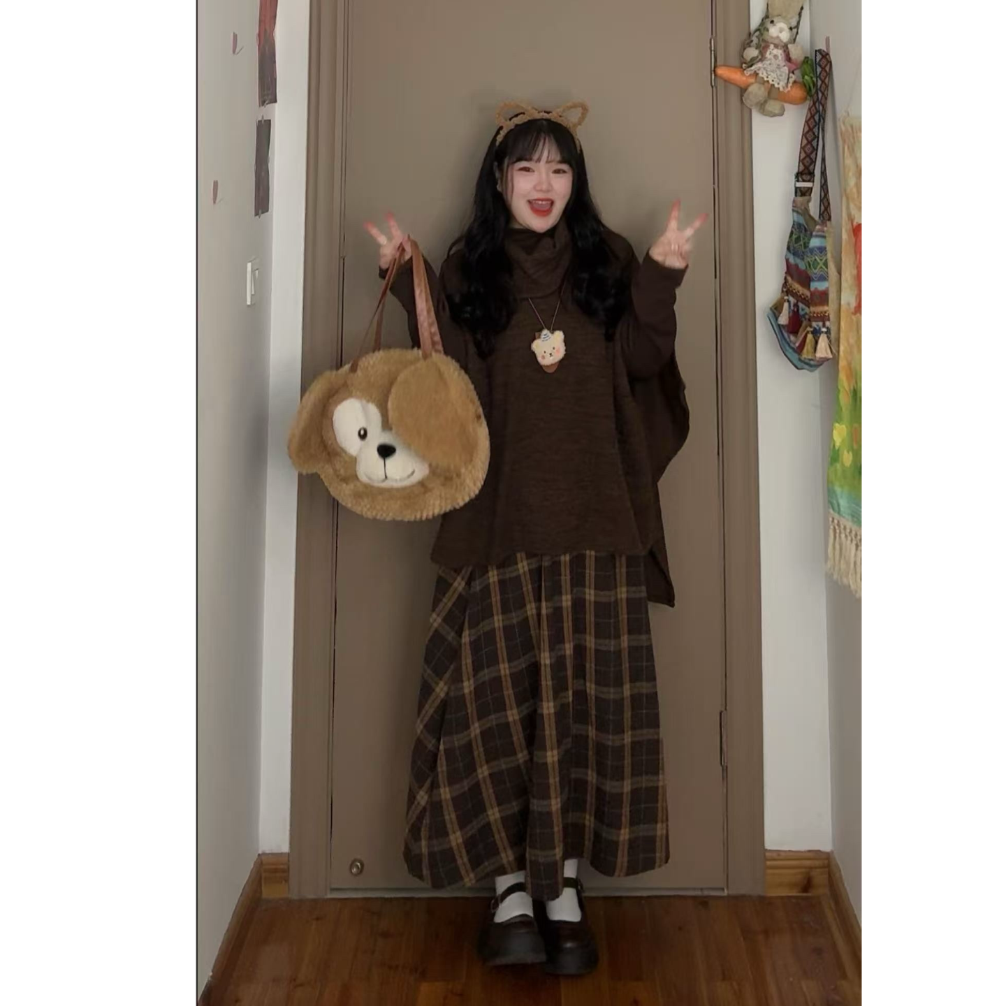 美拉德秋季穿搭套装女慵懒风不规则斗篷针织毛衣格纹半身裙两件套