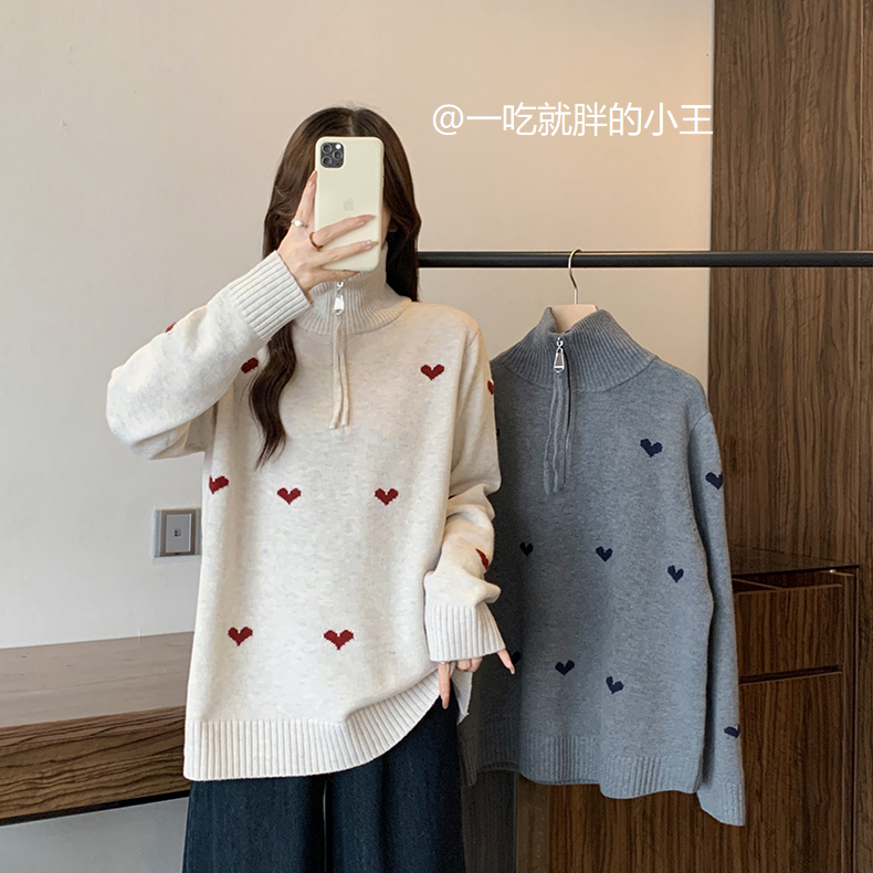 【小王家】秋冬款胖mm大码女时尚半开领拉链爱心针织毛衣上衣 72189
