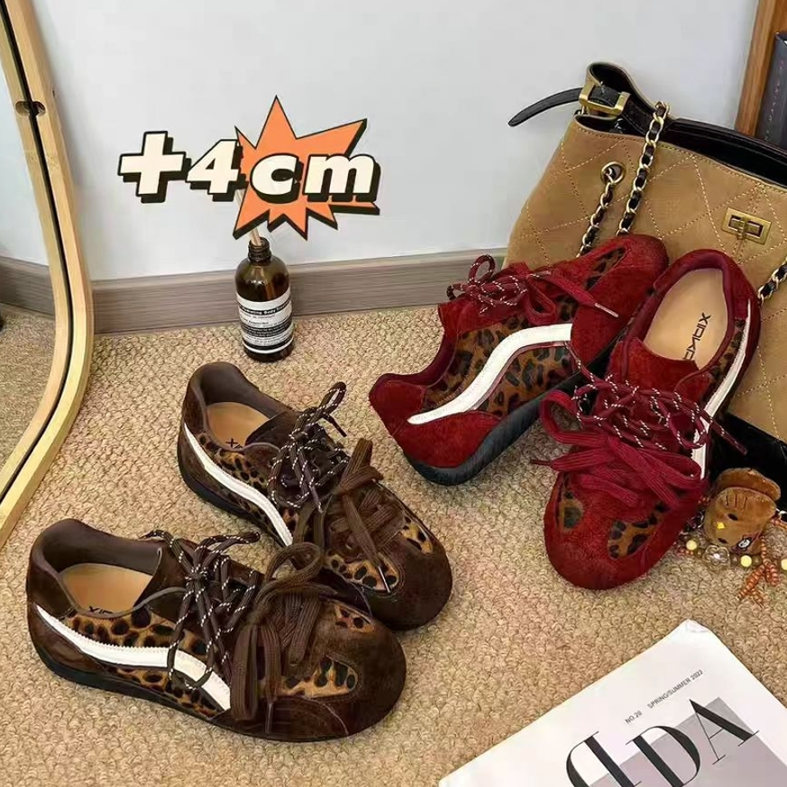 4cm内增高德训鞋女2025新款百搭平底复古阿甘鞋豹纹真皮休闲鞋子