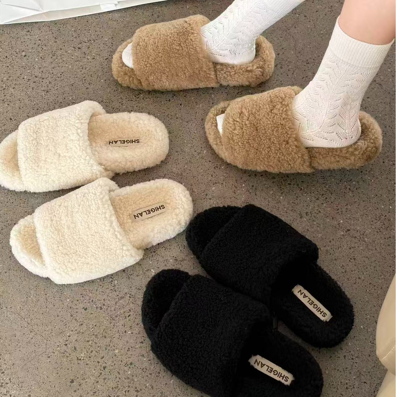 诗歌兰女鞋秋冬毛毛鞋时尚百搭韩版平底外穿露趾一字拖鞋7322-21