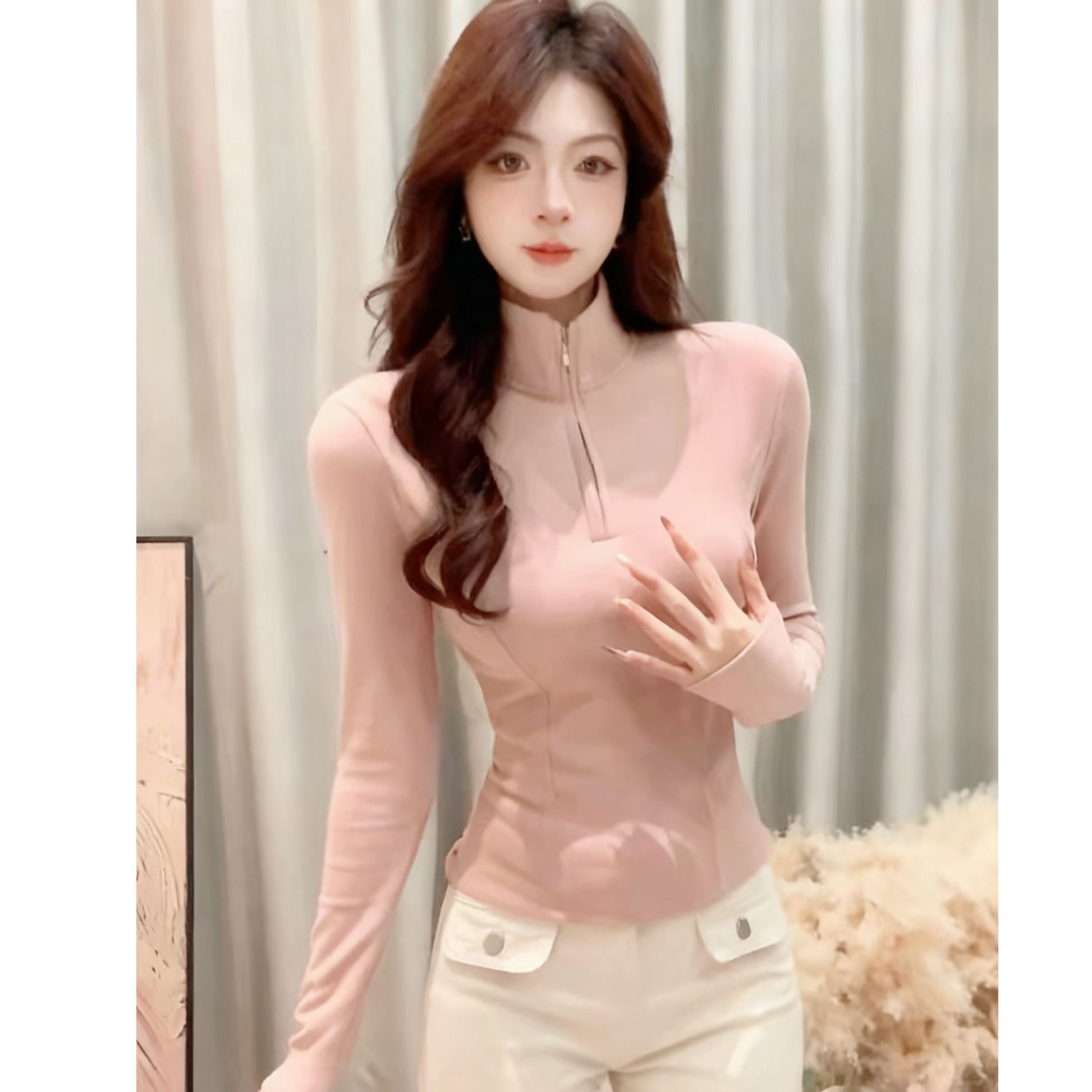 半拉链长袖t恤女【慕斯双面绒】外穿秋冬新款收腰显瘦正肩打底上衣