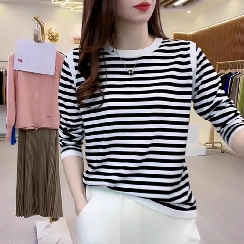 撞色条纹时尚长袖体恤2025春秋新款轻奢小众高级感女装休闲打底衫