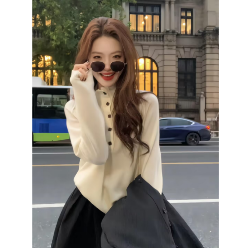 韩系半开领排扣针织衫女复古温柔风修身长袖上衣秋冬内搭外穿毛衣