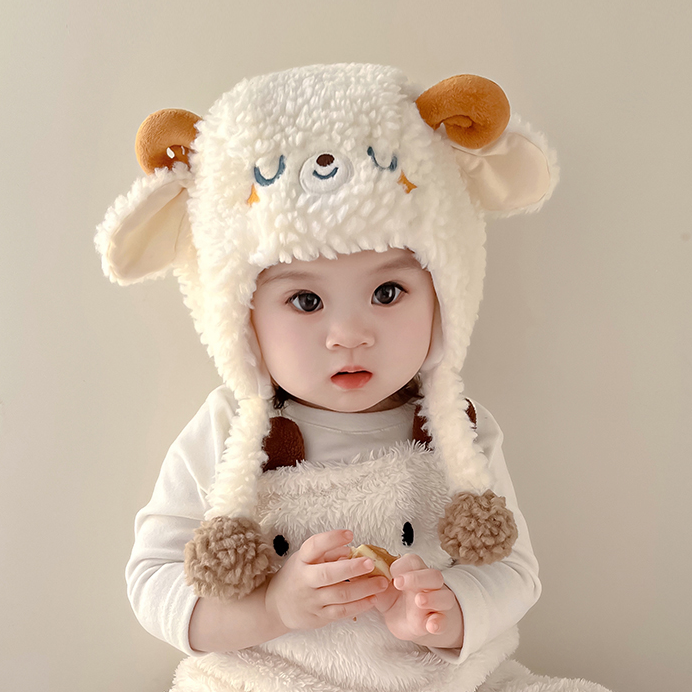 婴儿帽子秋冬季可爱小羊宝宝毛绒护耳帽保暖加厚男女童套头帽冬天