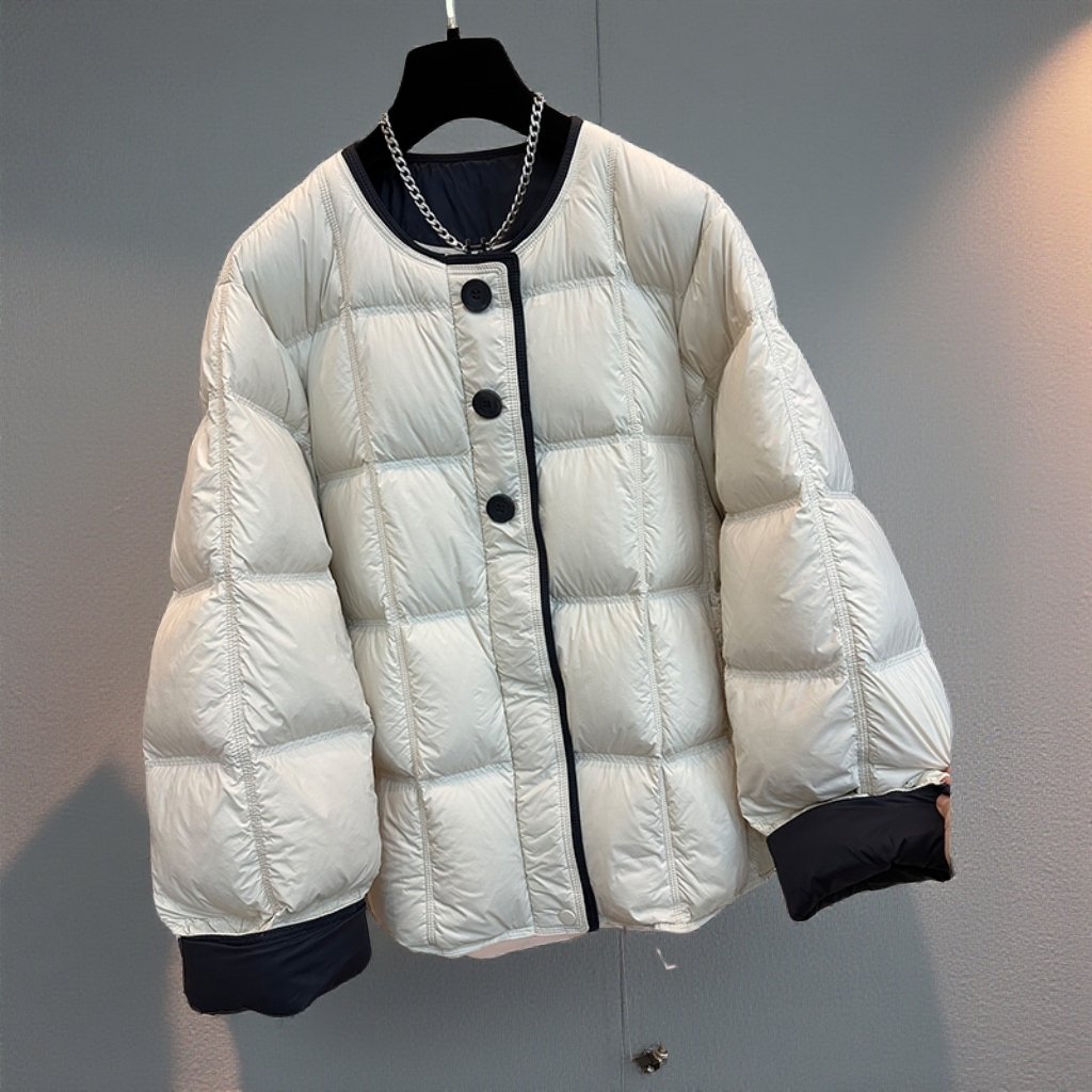 高端欧货冬款高级感拼色时尚宽松圆领磁吸扣90白鸭绒羽绒服外套女