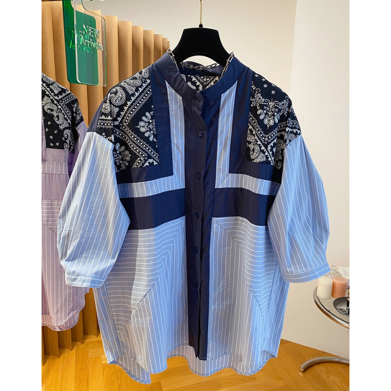 2025新款高级感宽松复古民族风印花蓝色条纹衬衫女短袖微胖MM上衣