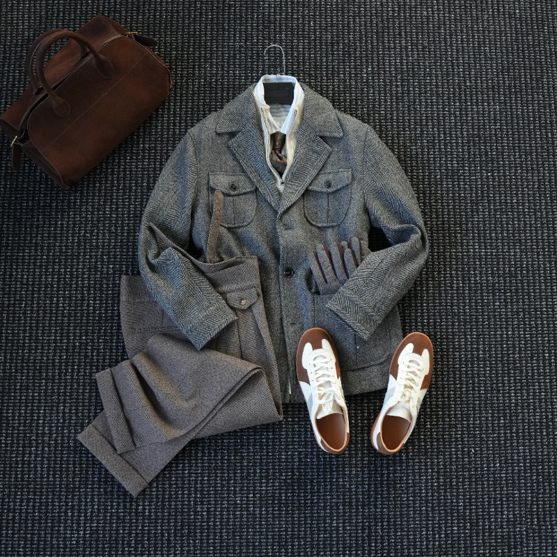 CssuGent 100%羊毛 秋冬季高端复古人字纹猎装夹克男绅士优雅外套