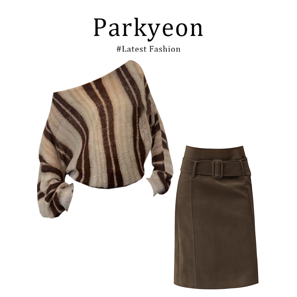 秋日美拉德氛围感不规则斜肩条纹毛衣包臀半身裙两件套