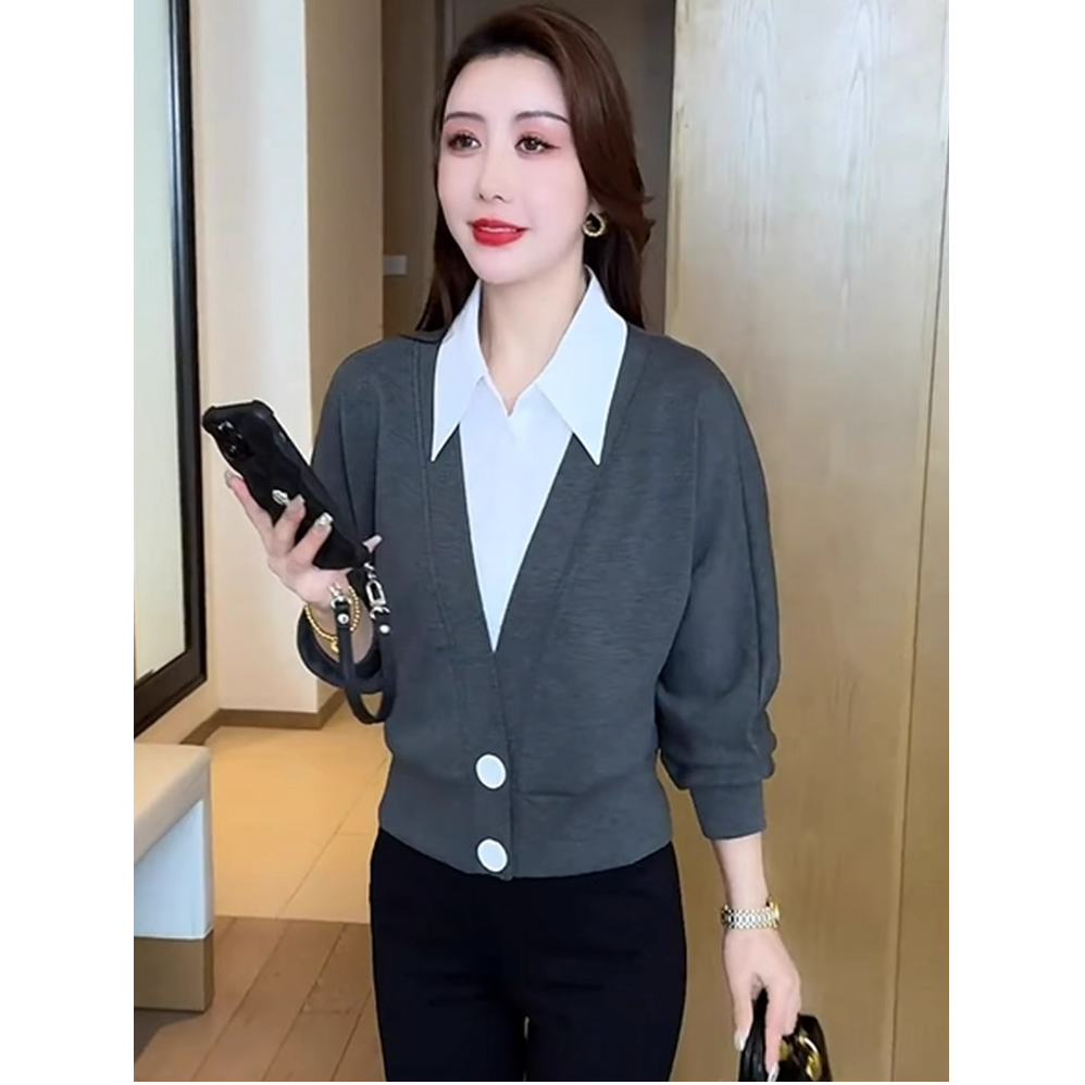 2025春季新款宽松百搭假两件女士休闲气质长袖衬衫显瘦polo领上衣