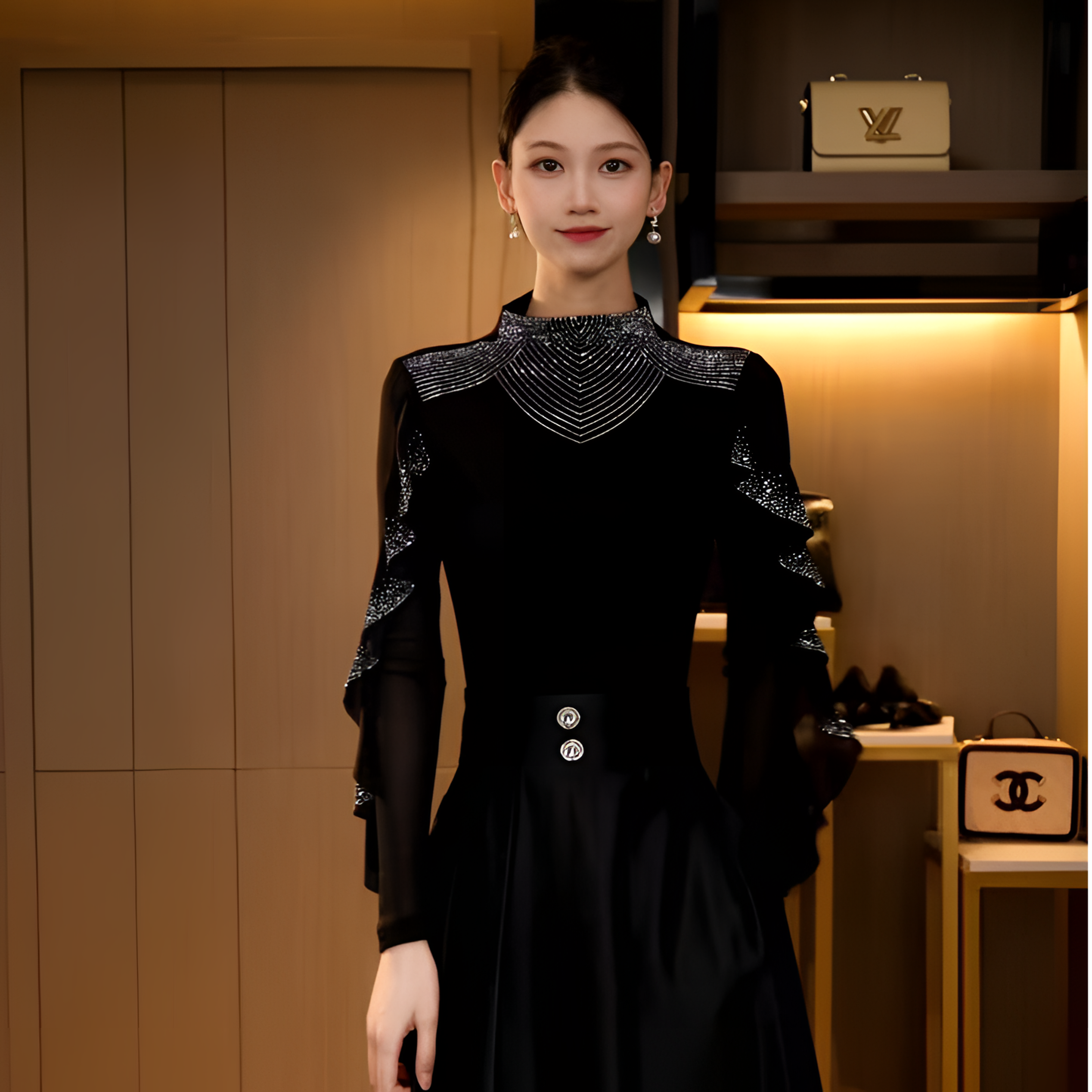 DY25Q-718 秋冬季法式棉质荷叶边烫钻拼接时尚百搭复古上衣