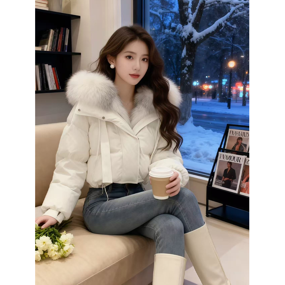 高级感白色大毛领工装派克棉衣棉服冬季连帽修身显瘦短款保暖外套