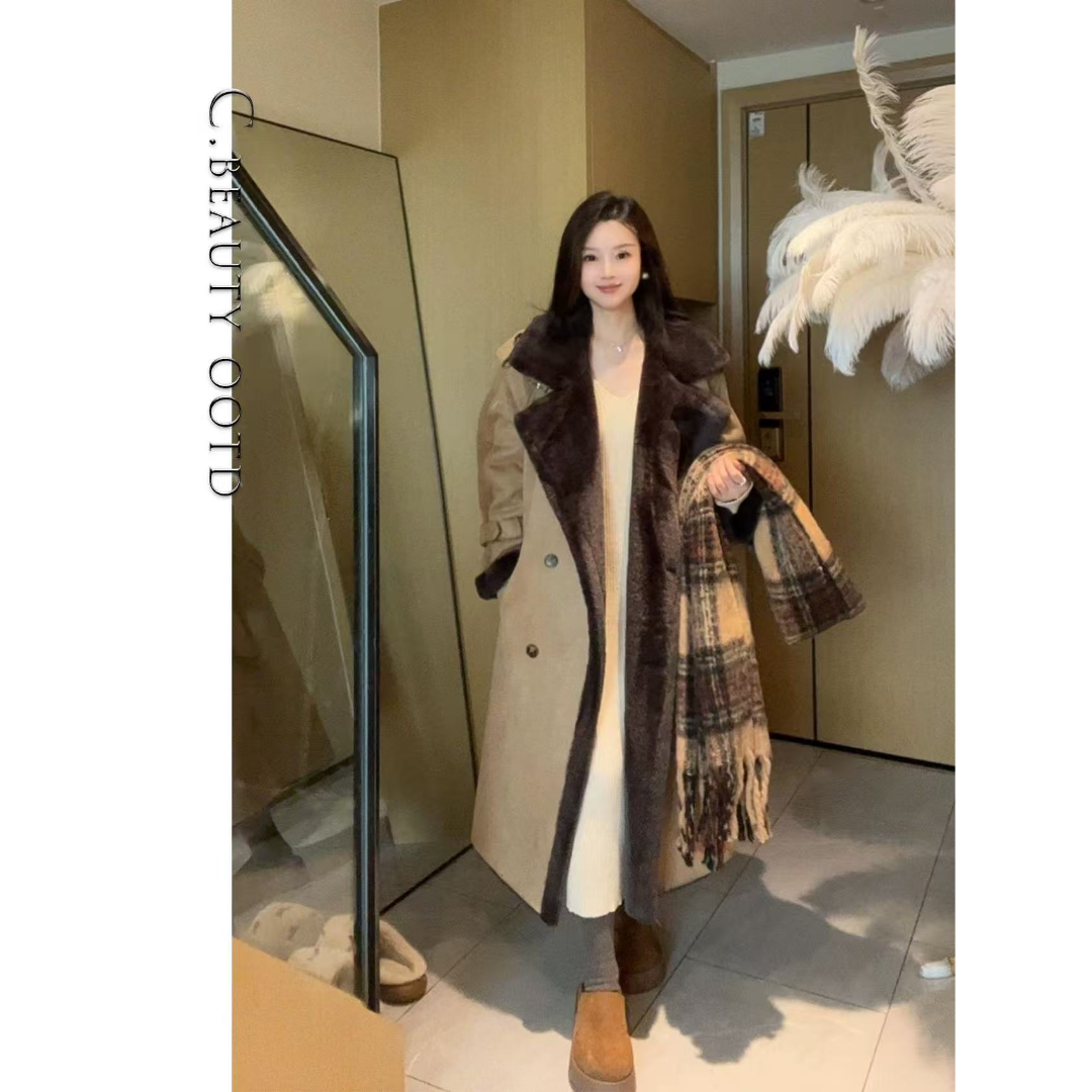 【气质女王】秋冬长款保暖立领毛绒外套气质网红时尚百搭连帽33079