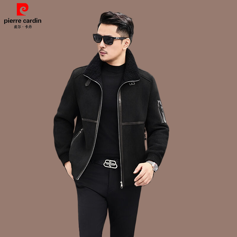 皮尔卡丹皮毛一体男士翻领皮衣美式复古外套绵羊皮机车服冬季真皮