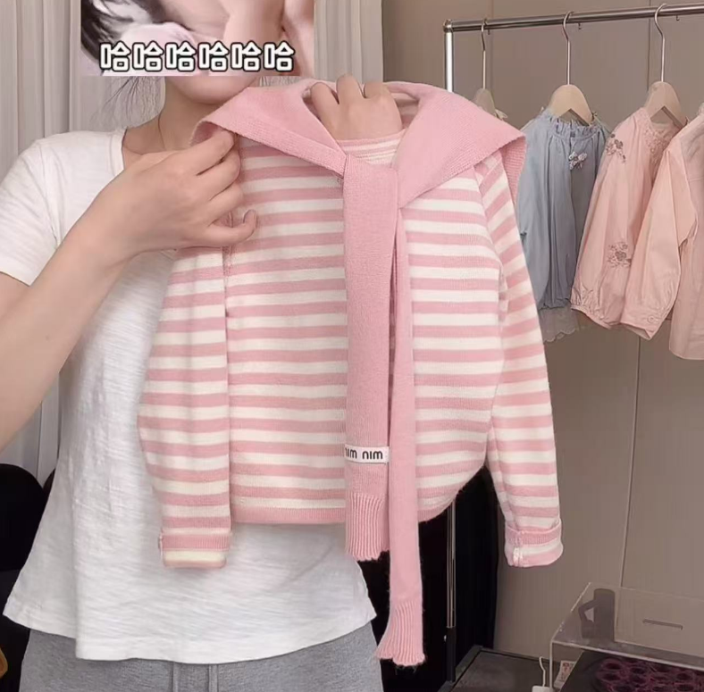 女童秋季新款针织衫洋气披肩长袖条纹女宝宝休闲毛衣