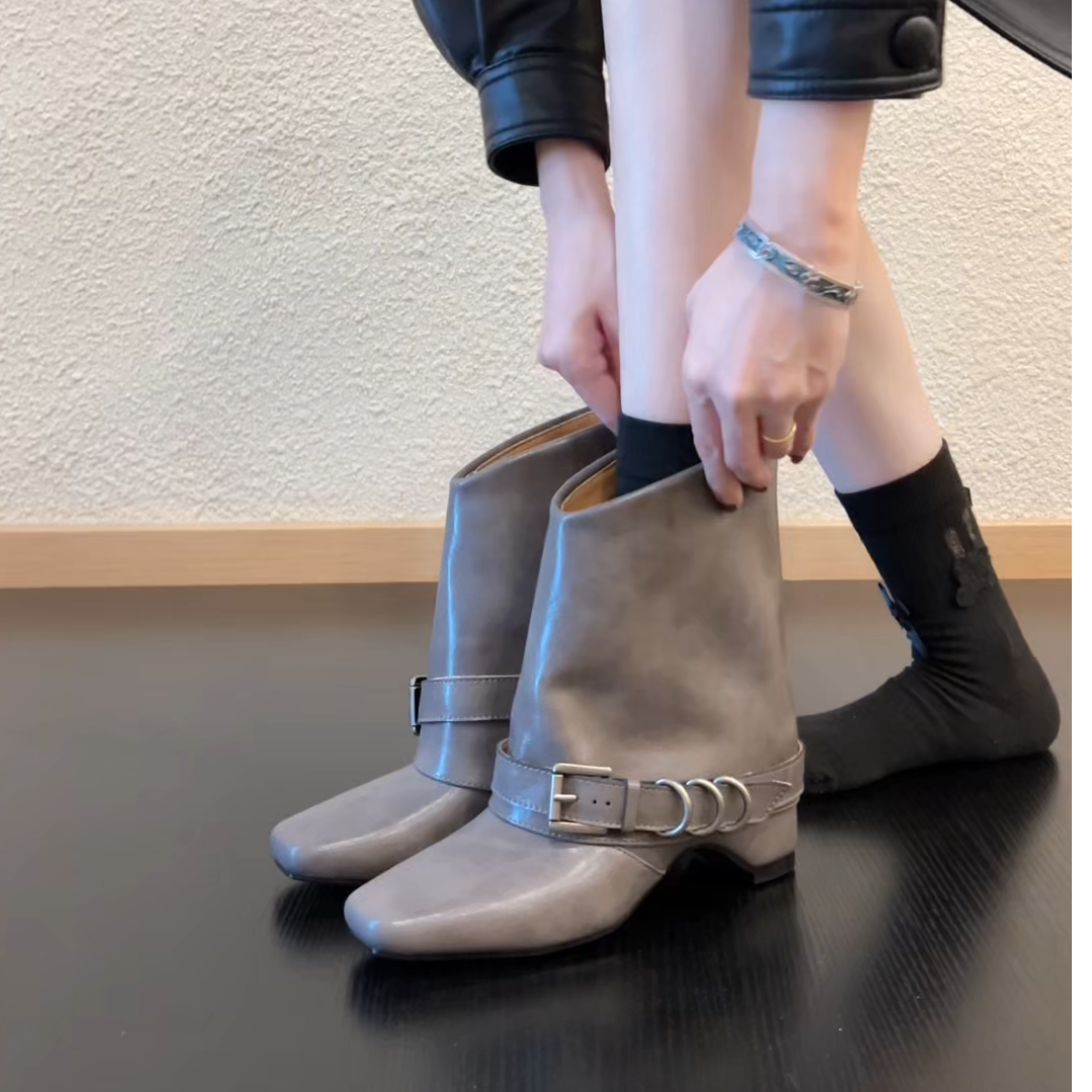 Pokoy-6.5cm方头粗跟中筒复古女气质短靴皮靴西部骑士靴烟管裤靴