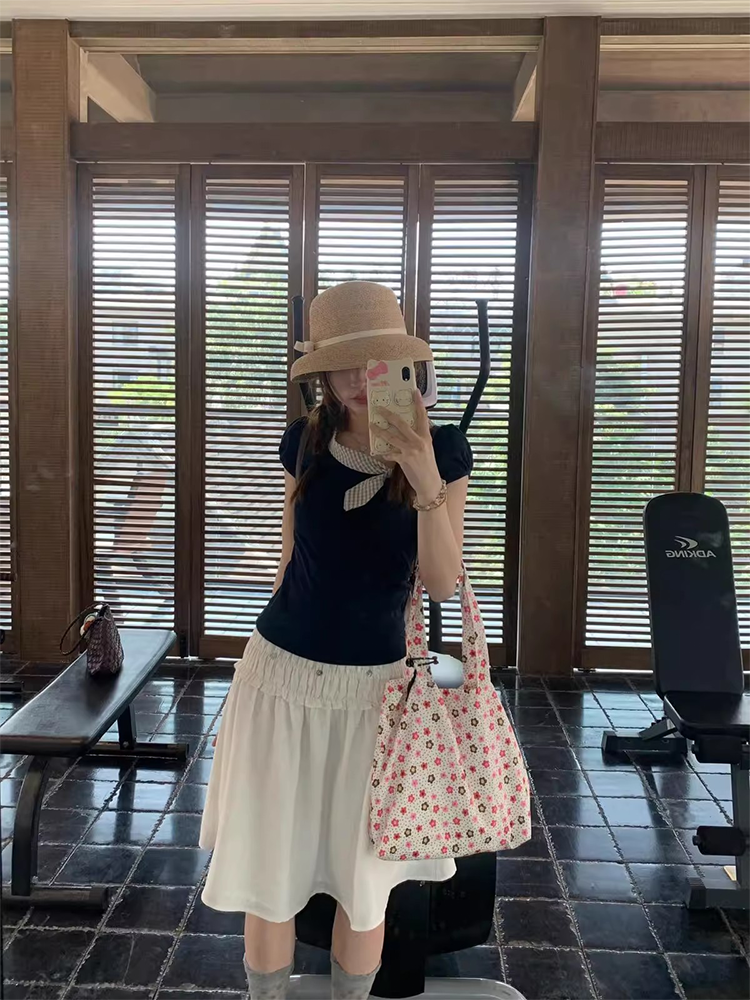 韩系甜美拼接蝴蝶结短袖t恤2025夏季新款设计感修身显瘦百搭上衣