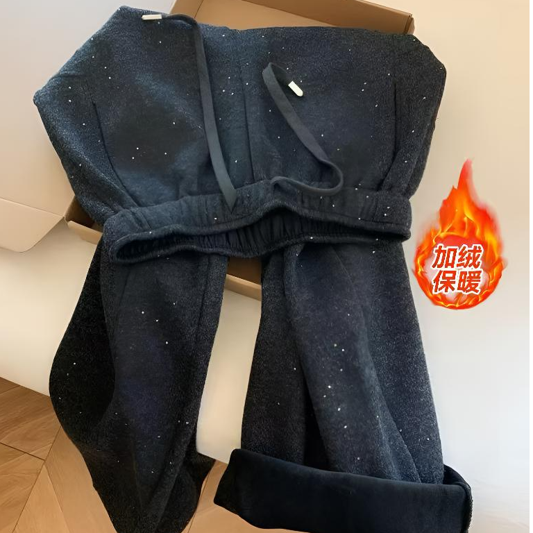 慵懒风加绒阔腿裤冬季宽松显瘦抽绳高腰加厚长裤休闲直筒裤L1215