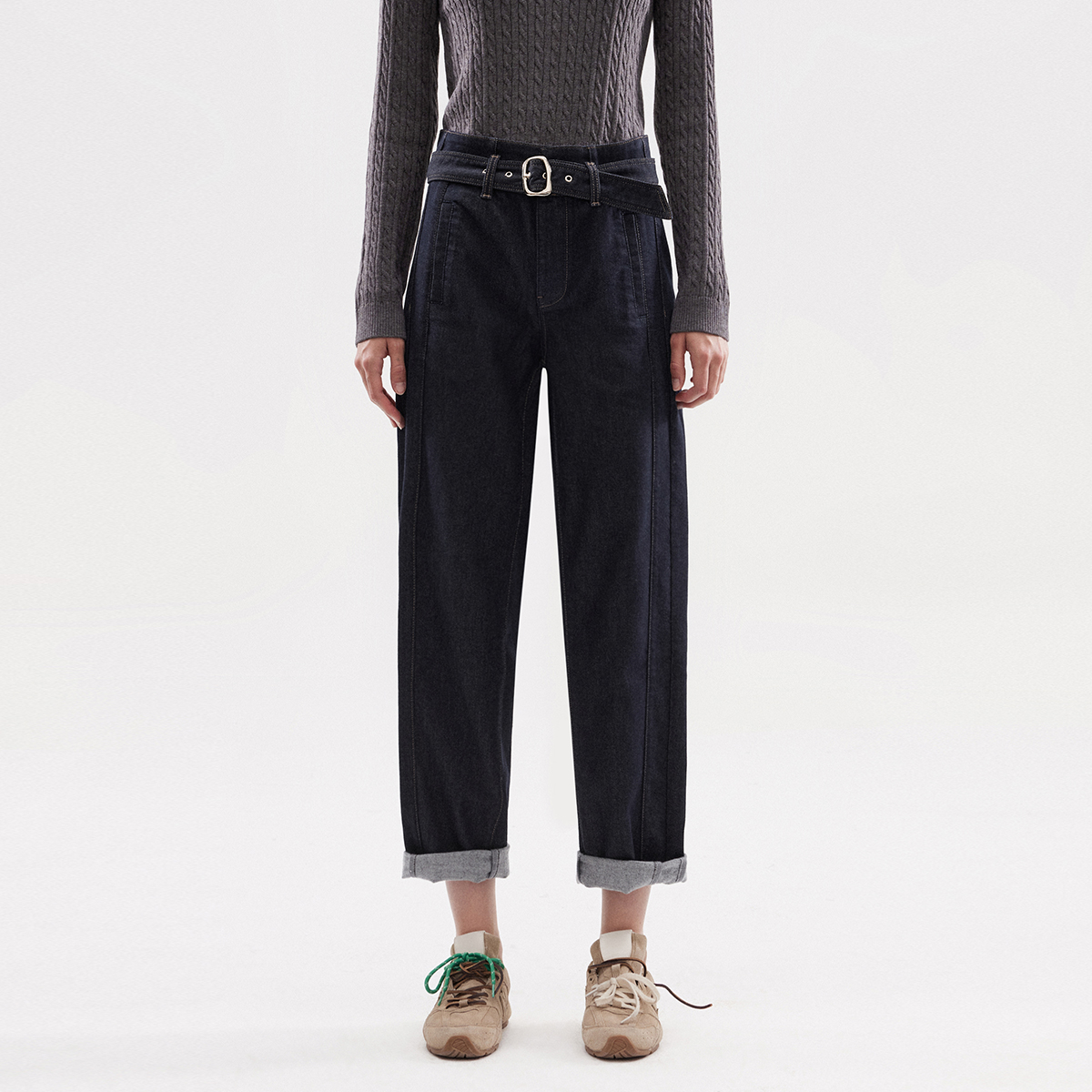 2025秋季高腰锥形裤明线九分牛仔裤休闲百搭通勤女|125349019