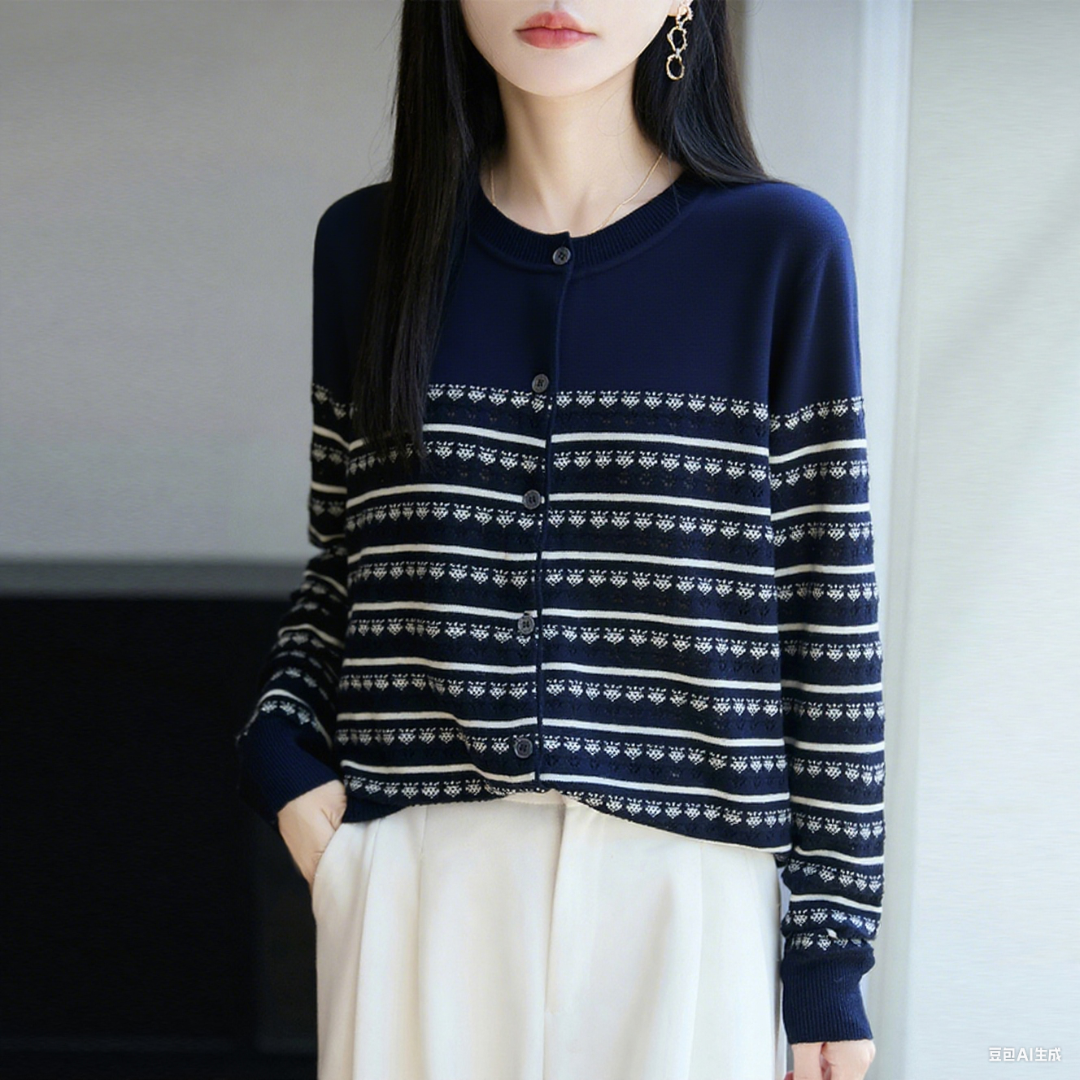 恒源祥彩羊早秋提花条纹羊毛针织衫宽松外搭洋气女士薄款毛衣外套
