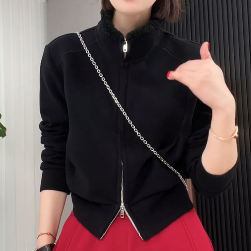 新款百搭洋气保暖上衣短款双拉链立领衣领卫衣LK2508429