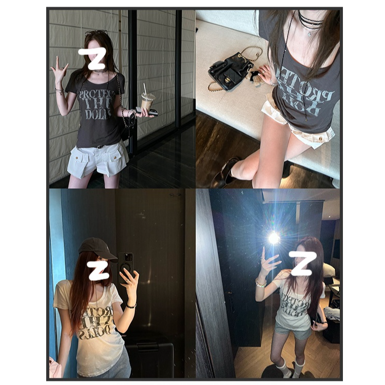 美式复古灰色字母印花短袖T恤辣妹修身显瘦百搭上衣