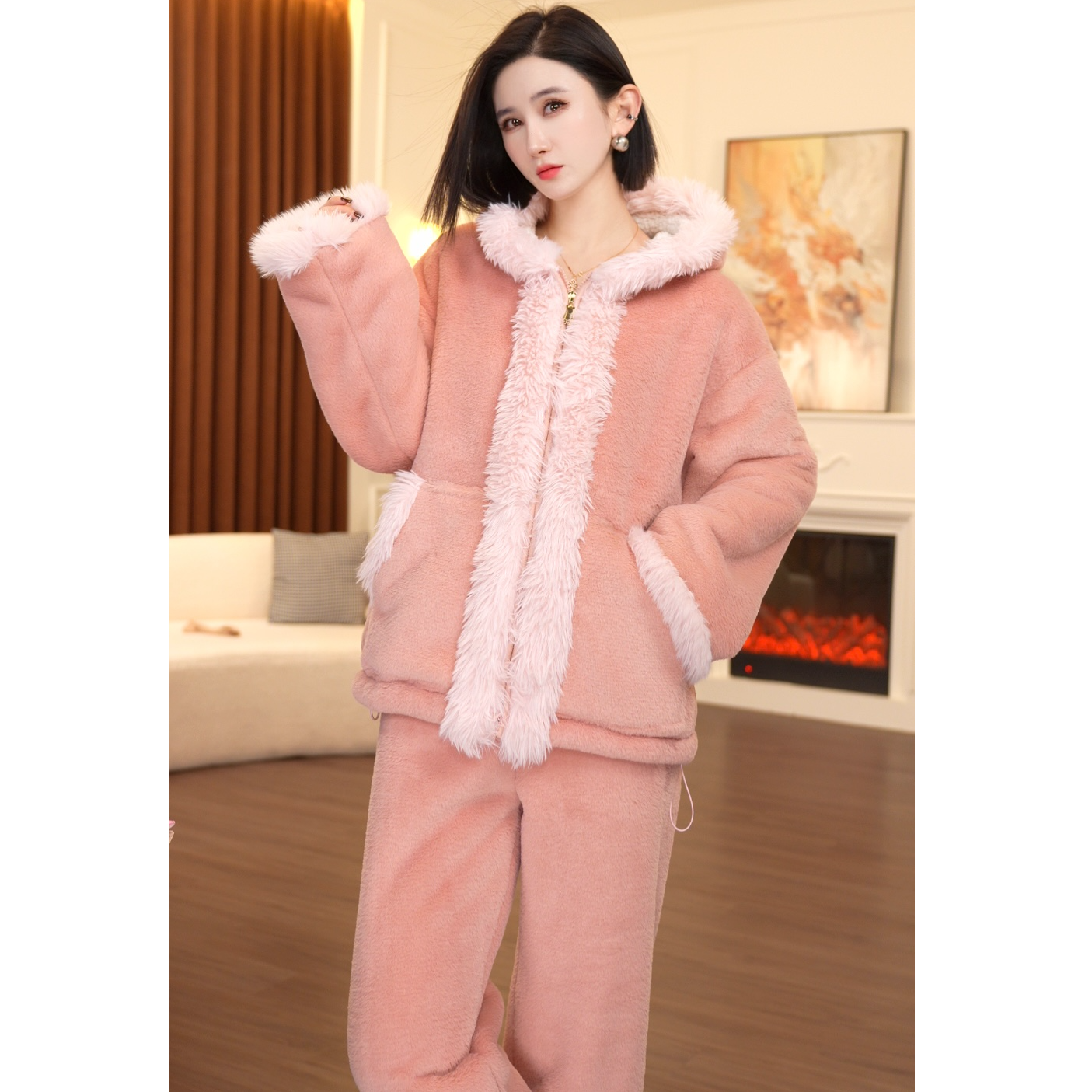 冬季连帽家居服时尚家居服套装毛绒睡衣冬装加绒加厚套装