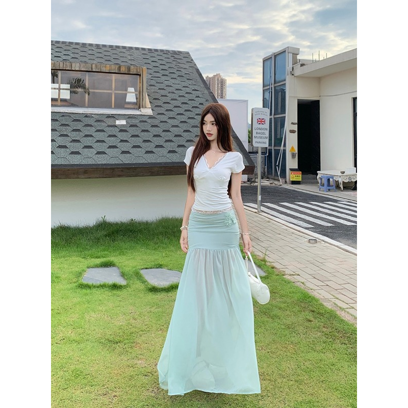 蕾丝拼接v领紧身短袖T恤女秋季时尚套装性感包臀a字半身裙两件套