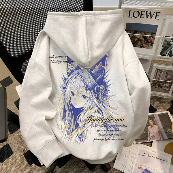 重磅500克纯棉狐耳少女动漫印花连帽卫衣宽松个性高街可爱风时尚