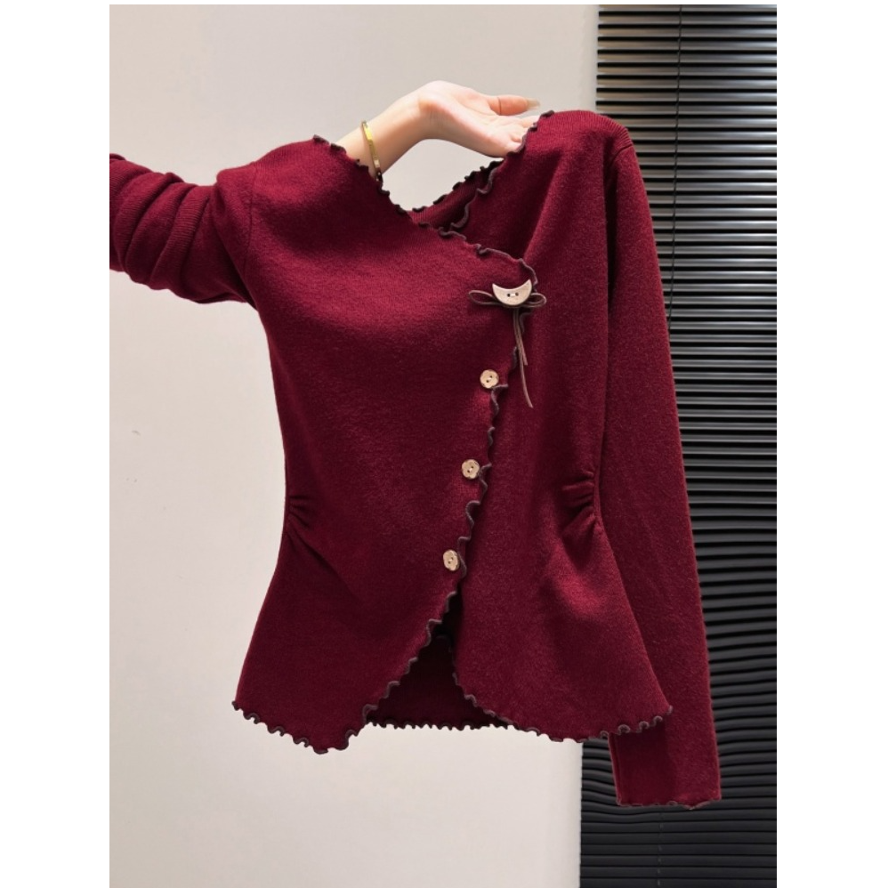 复古红色V领系带木耳边长袖针织衫女秋季收腰设计感气质显瘦上衣