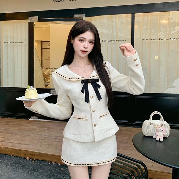 小香风撞色海军领蝴蝶结上衣设计感收腰半身短裙子两件套装女秋季