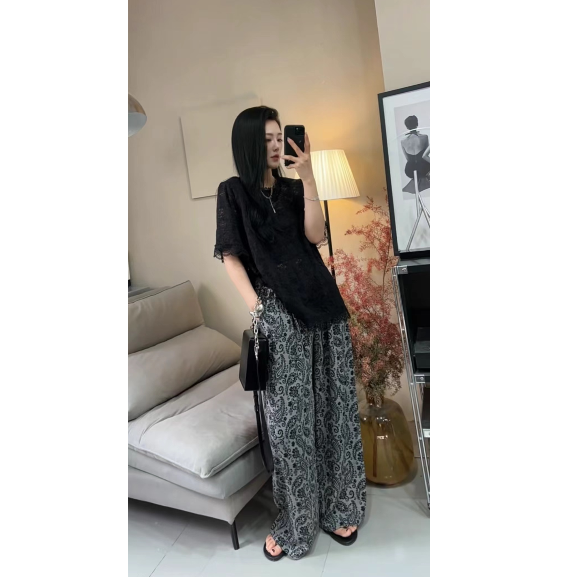 欧货时尚高级感套装女夏季新款蕾丝提花短袖上衣高腰长裤两件套潮