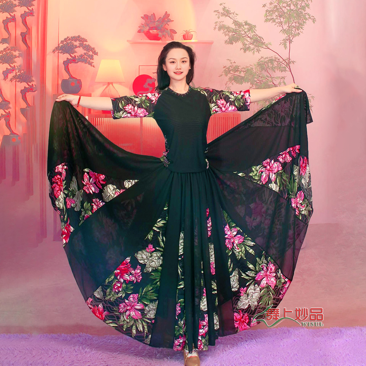 舞上妙品A32新疆舞蹈舞服插花芙蓉纱裙