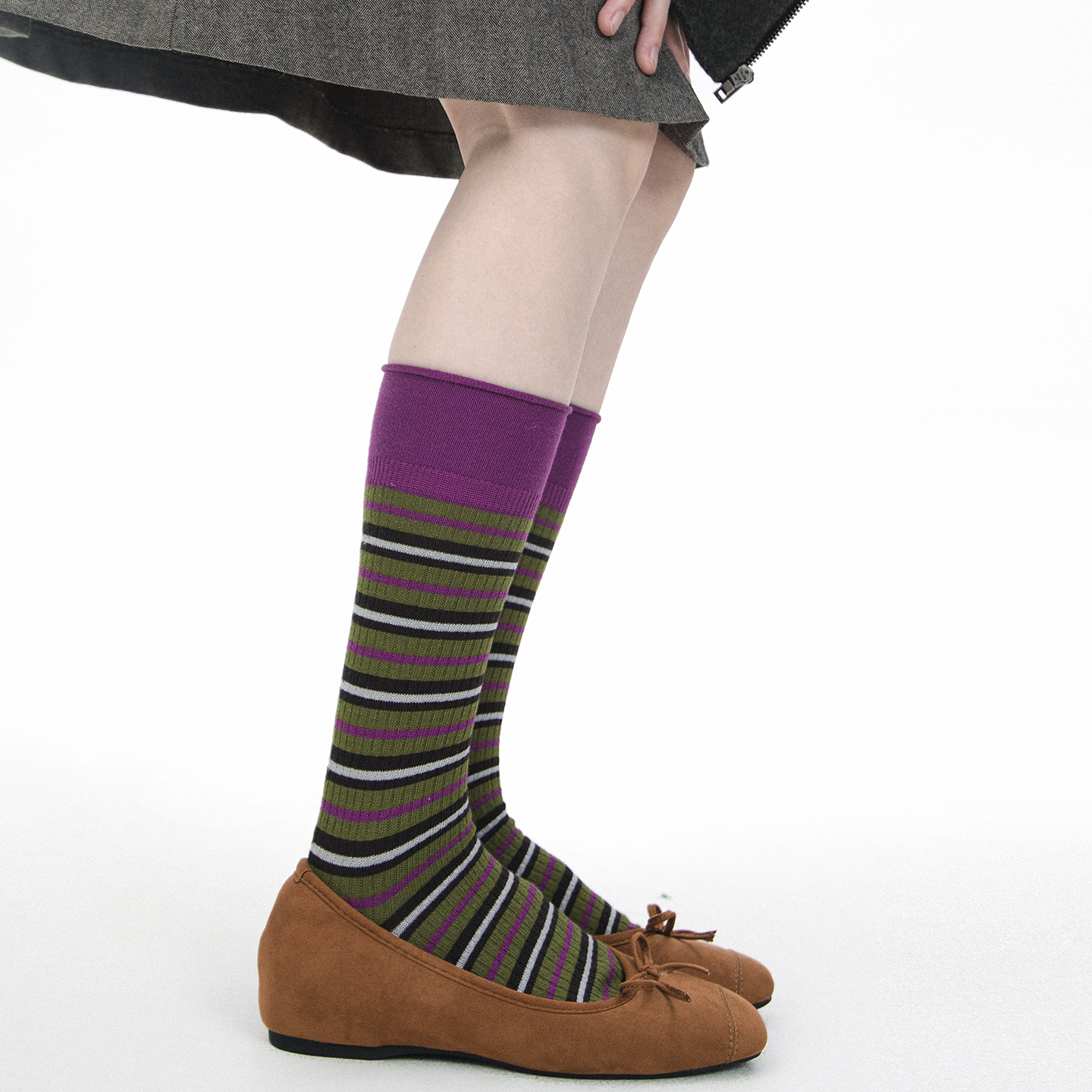 SS2L秋冬复古细条纹撞色袜口miu系跳色韩系百搭中筒袜长筒袜子女